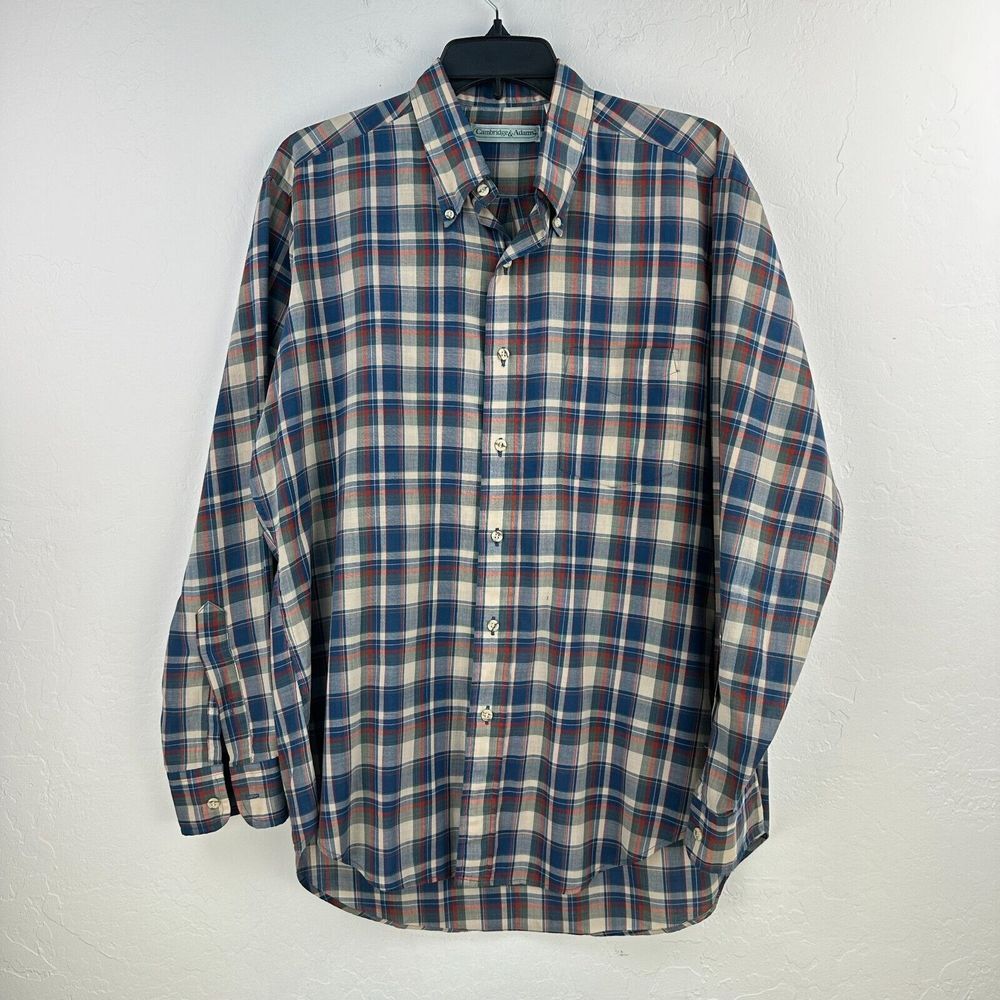 Vintage Cambridge & Adams Shirt Mens L Blue Green Plaid Button Down Long Sleeve